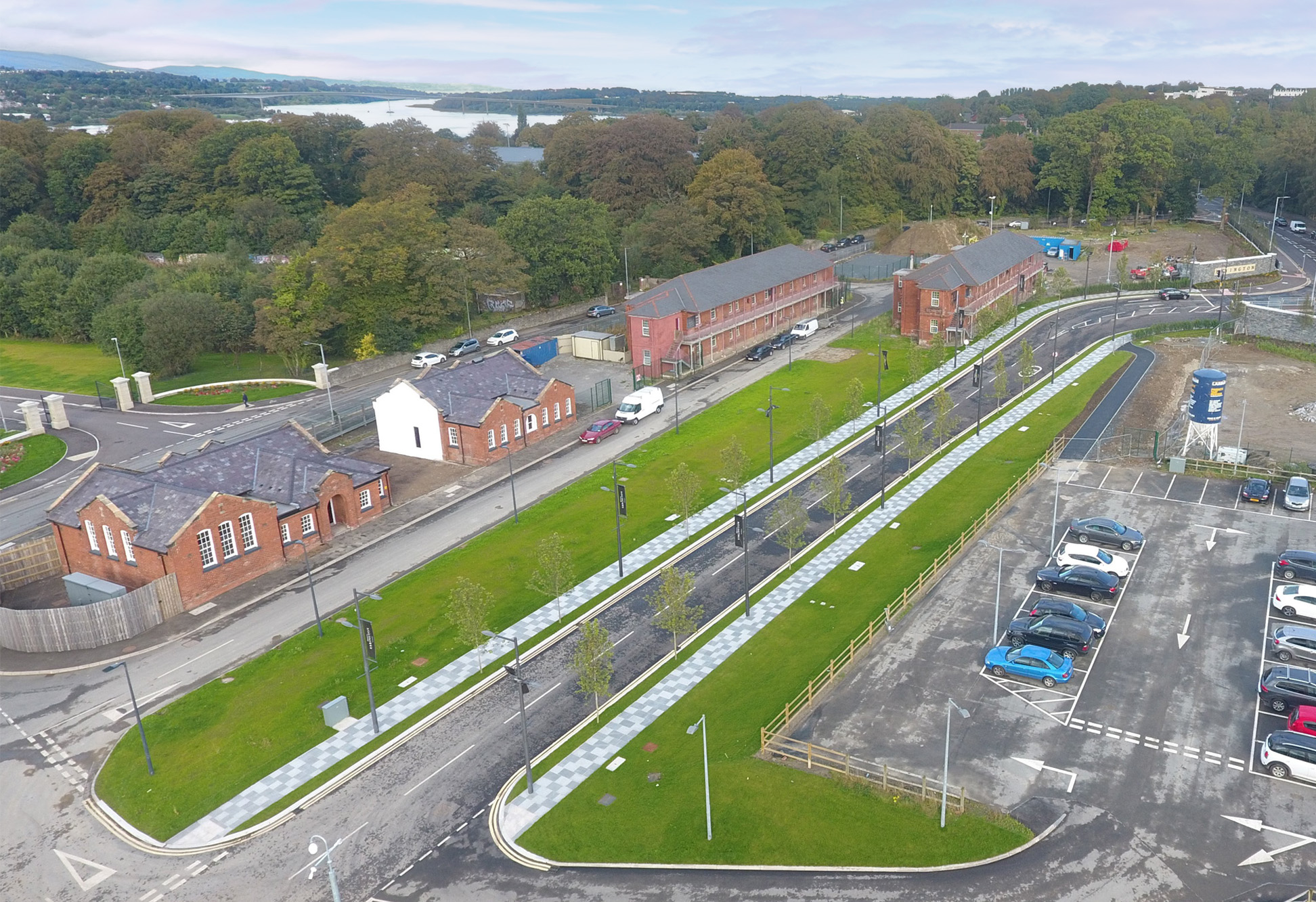 Drone photograph of Schoolhouse Lane development site and main entrance road, Hill Avenue, Ebrington.