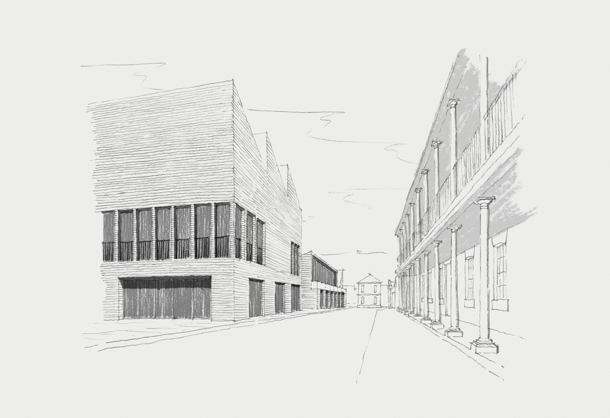 Sketch perspective down Schoolhouse Lane. The minimalist design and modern materials create a striking contrast with the historic buildings’ traditional architectural features, accentuating their beauty. Subtle historic design cues specific to the site reveal themselves through correlating horizontal and vertical datums, deep reveals, bold gables and roof profiles, and coherent rhythms and proportions of openings.