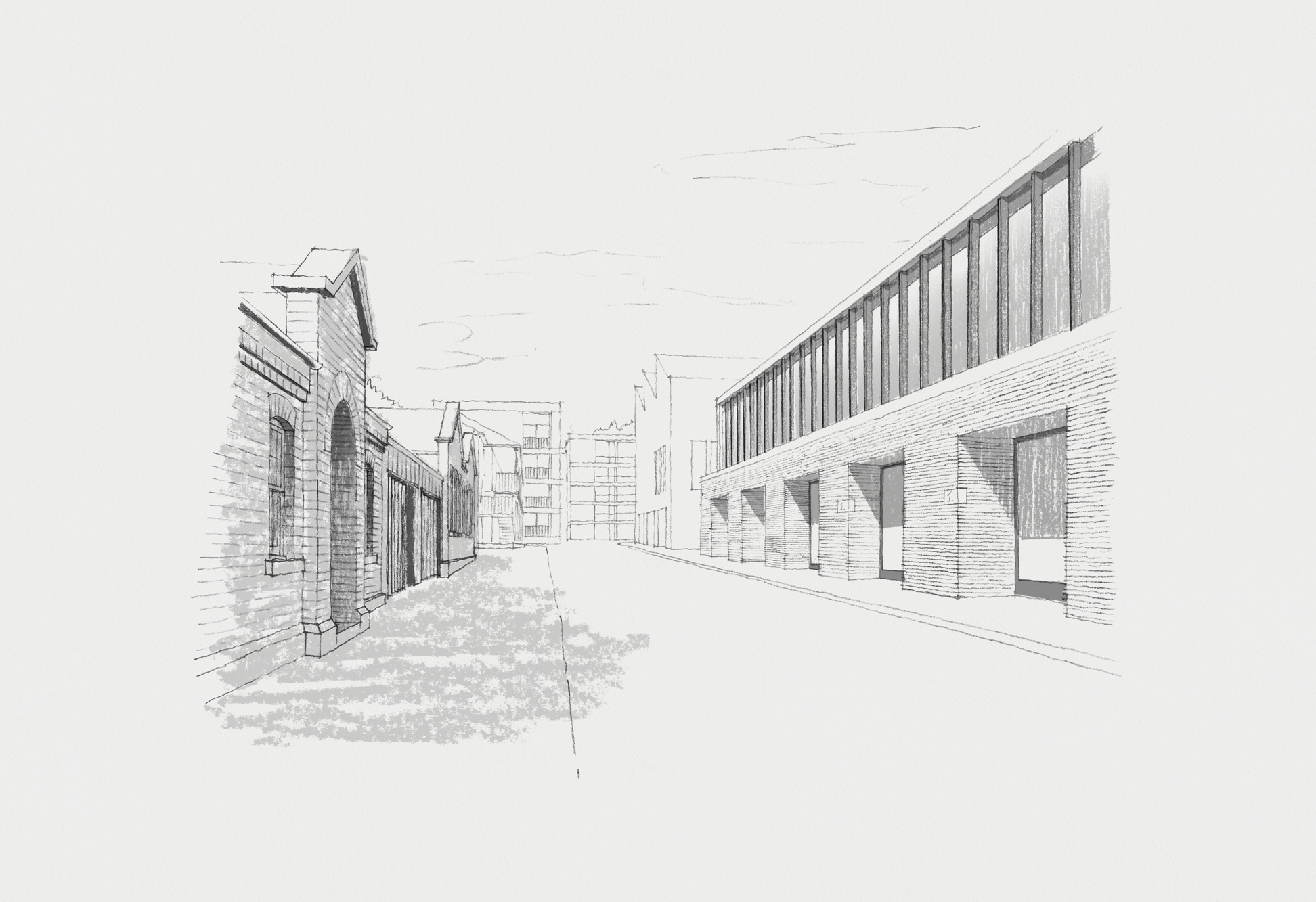 Primary sketch illustrating the completion of Schoolhouse Lane, with Ebrington Gardens framed in the distance. The masonry plinth of the proposal references the scale and solidity of the existing buildings opposite. The building form steps back at the upper levels to provide relief while maintaining a scale appropriate to Schoolhouse Lane.