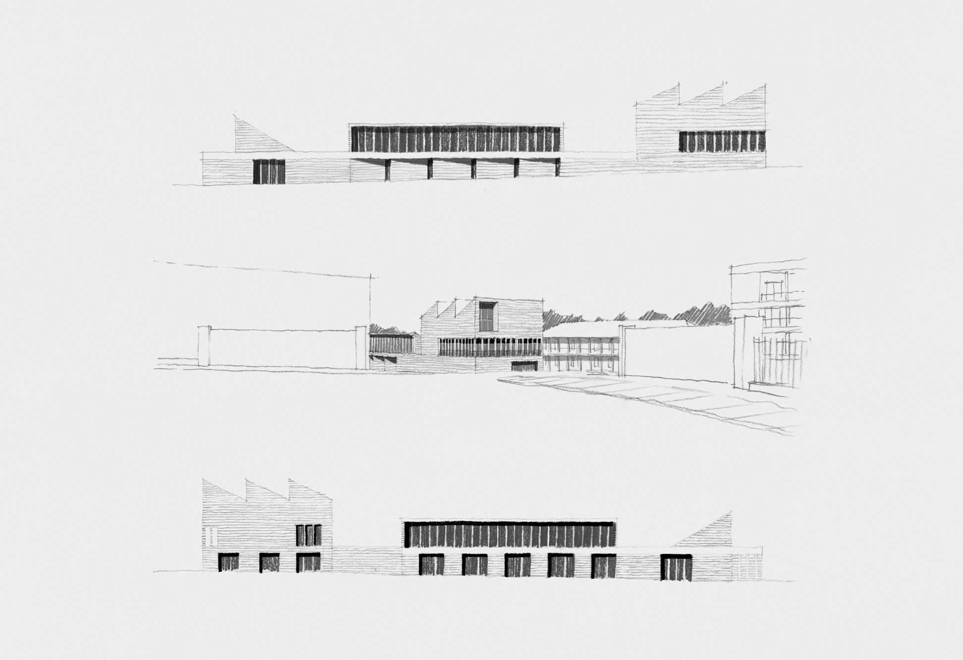 Sketch elevations and perspective of gateway entrance — the ensemble is physically bound by the plinth, yet coherent through considered and consistent detailing and a restrained material palette — taking inspiration from site specific design cues.