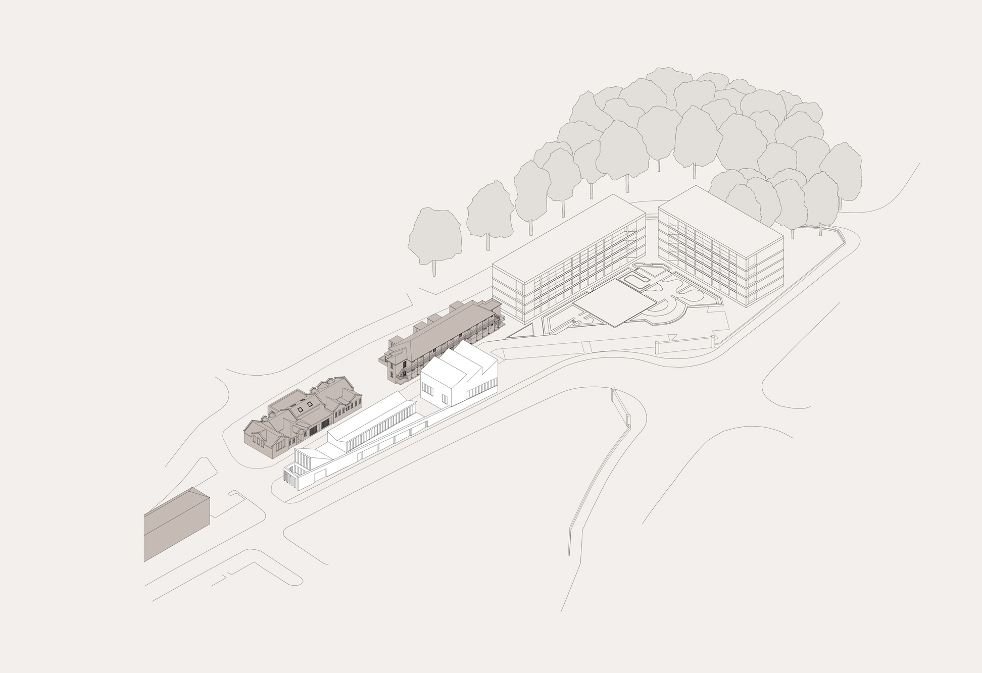 Axonometric — the commercial aspect of the approval serves as both a feature gateway building to the exposed main entrance of the former barracks and an active, yet more intimate frontage, completing Schoolhouse Lane.