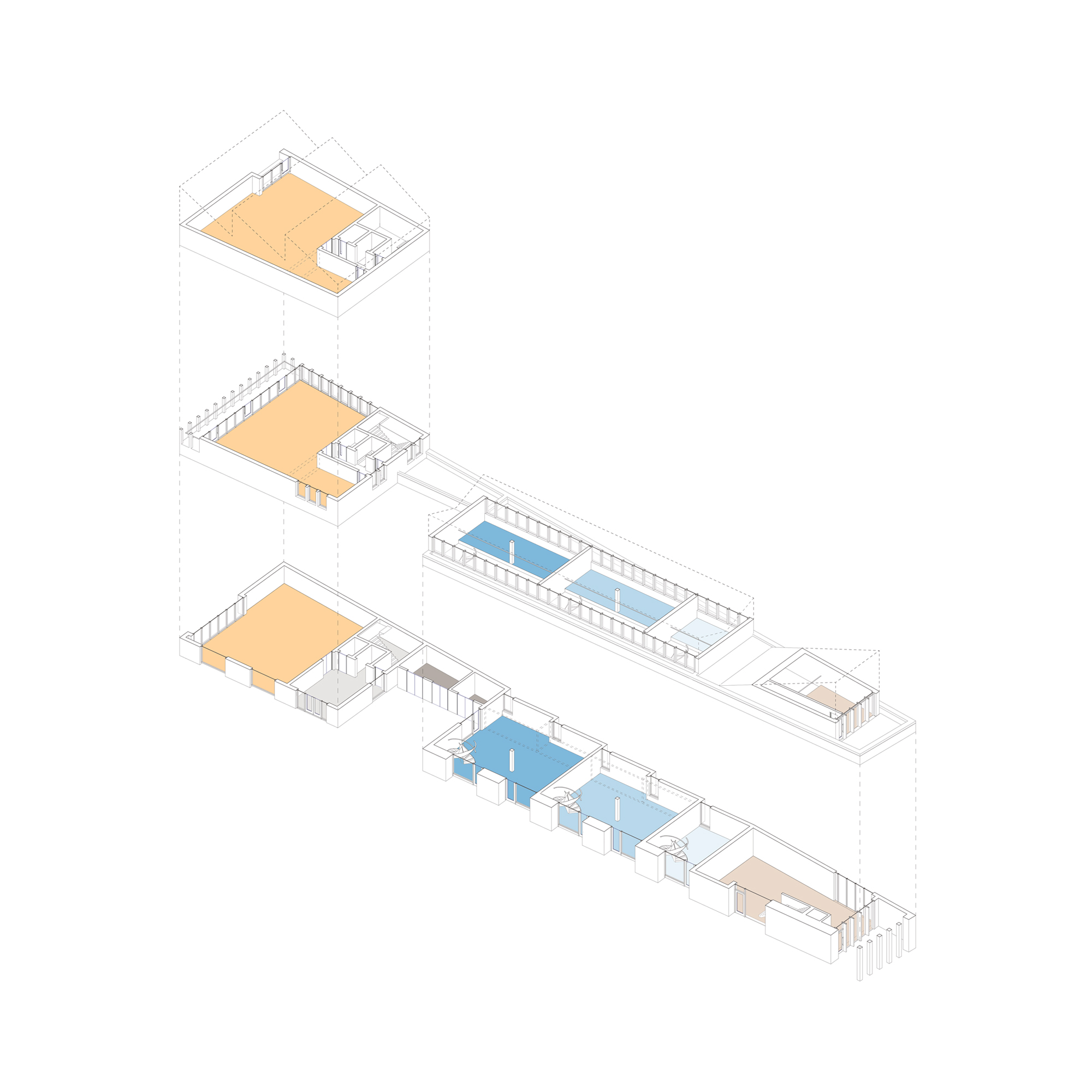 Axonometric — highlighting a variety of potential workspace and retail units ranging from 50-180sqm (gross internal floor area) to serve local micro and small enterprises. The central glazed pavilion shown in blue can be sub-divided into five units with the option of a mezzanine pending the occupiers’ requirements.