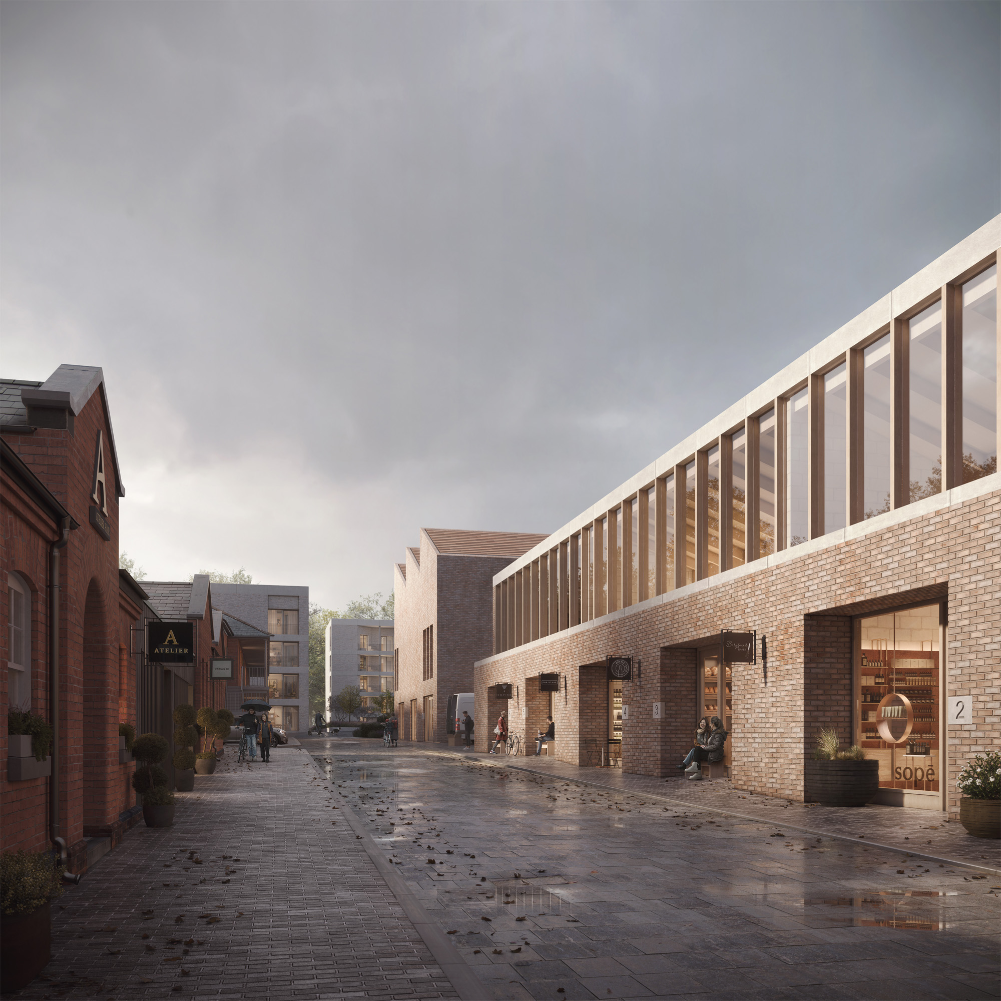 Visual depicting the completion of Schoolhouse Lane which creates an inviting vista toward Ebrington Gardens. The central pavilion features upper-level glazing, flooding the workspaces with abundant natural light and creating a dynamic environment. Deep reveals to the 'shopfronts' recreate the intimate, interstitial spaces present on existing historic buildings along this streetscape and beyond.