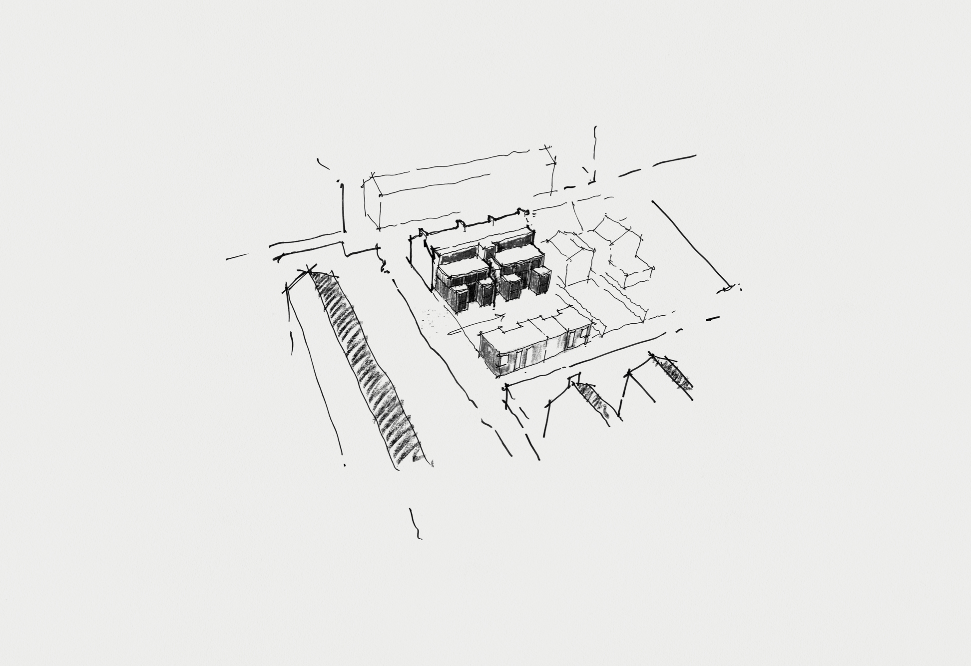 Axonometric sketch illustrating the proposed development within its surrounding context, showing carefully considered building massing, integration with neighbouring properties, and relationships to existing houses, gardens, and open spaces.