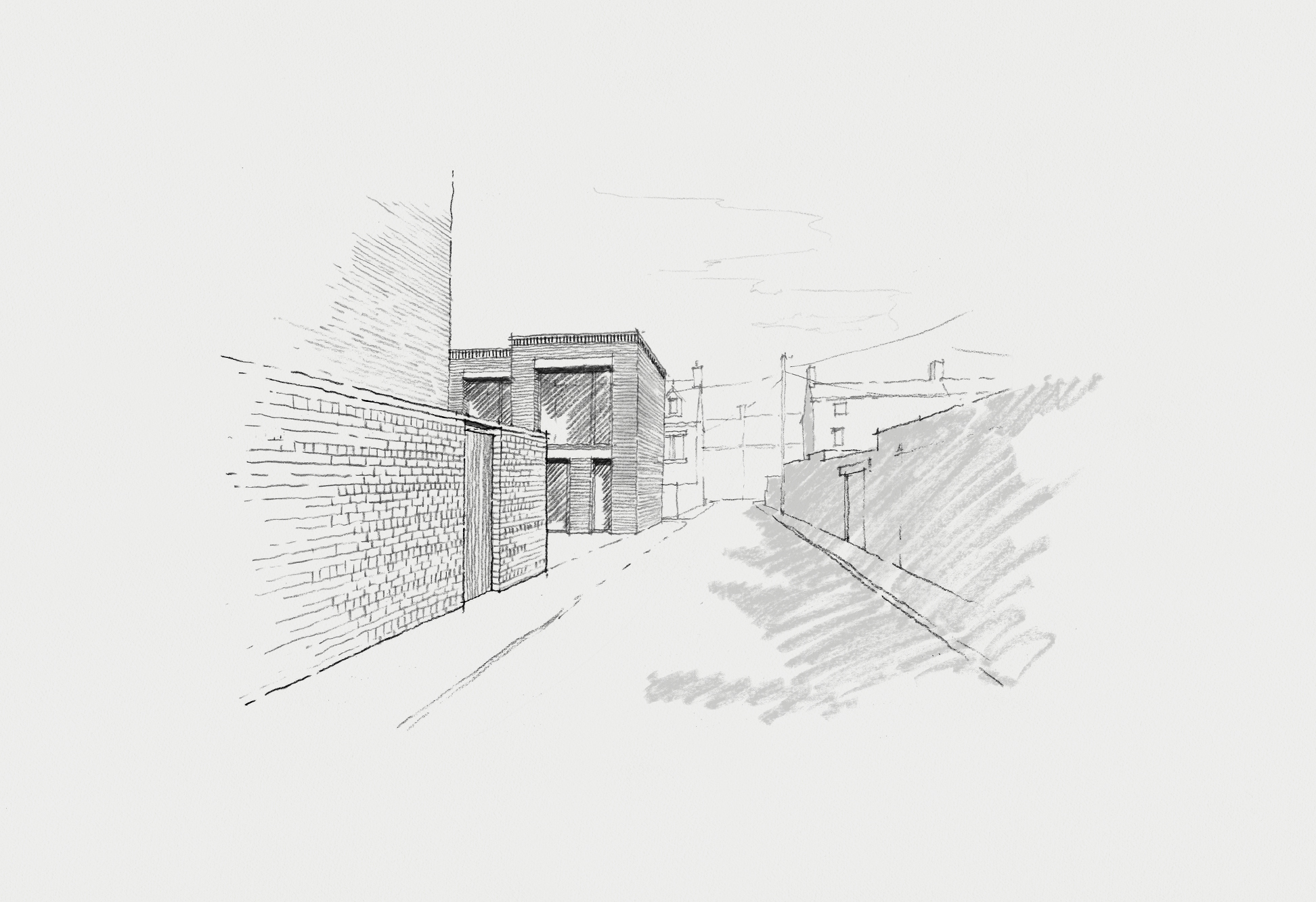 Perspective sketch showing the proposed mews development as viewed when approaching east along Lily Avenue towards the Grosvenor Place junction, illustrating its subtle visual presence within the existing streetscape.