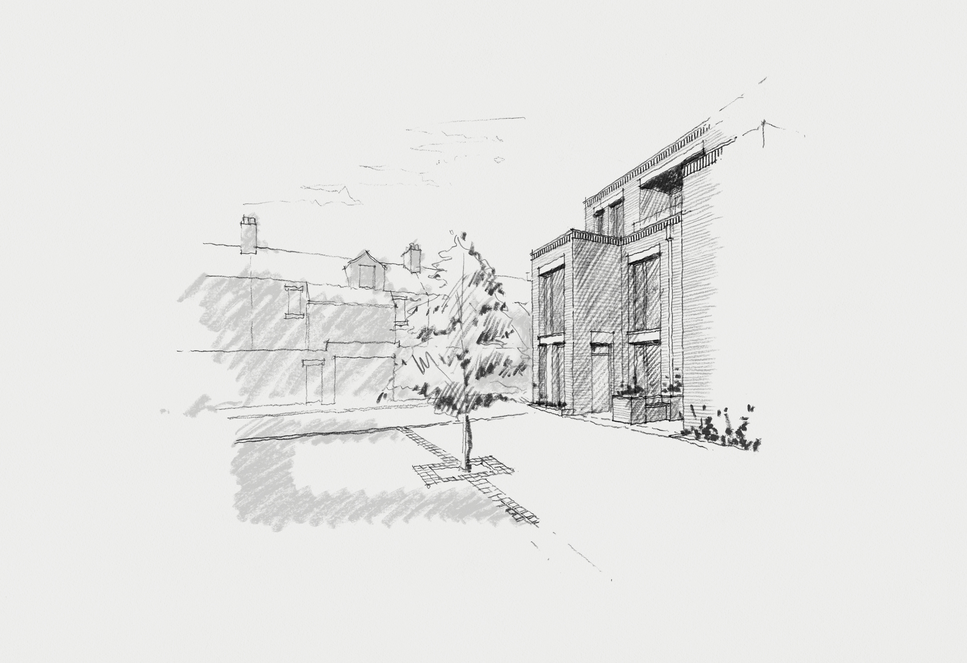 Perspective sketch of the mews courtyard looking south towards Lily Avenue, showing private garden spaces, communal amenity areas, and brick planters with integrated seating.