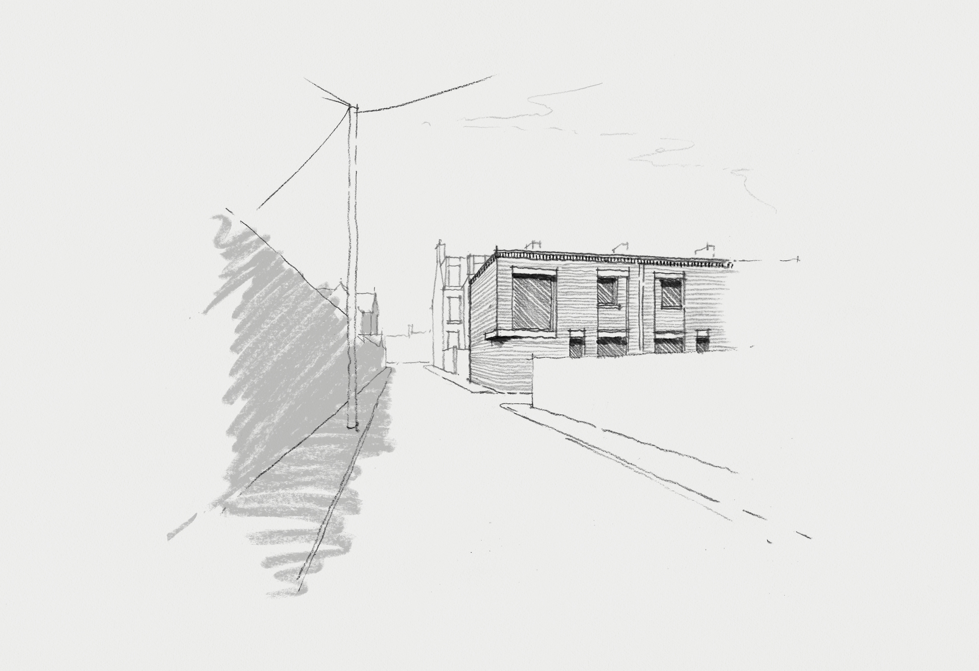 Perspective sketch looking west along Lily Avenue towards the Osborne Road junction, illustrating the proposed development’s active frontage to East Lane and its relationship with the surrounding streetscape and neighbouring properties.