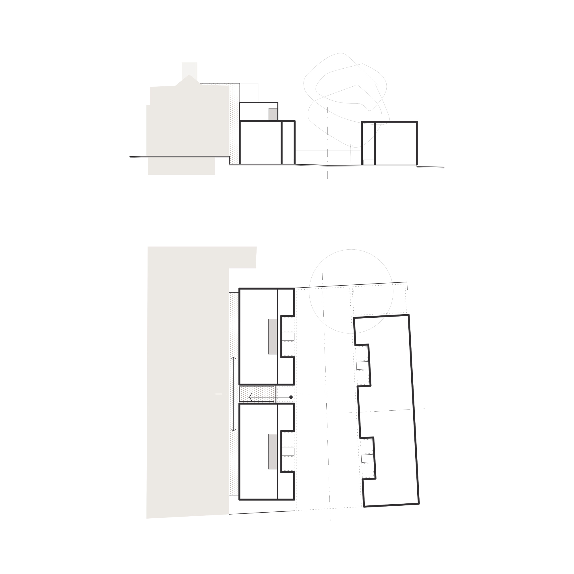 Series of proposed massing and parti diagrams shown from top to bottom, including an axonometric view of the existing building with new-build elements to the rear comprising eight mews houses and two apartments, a parti site plan, a massing elevation along Lily Avenue, and a courtyard elevation adjoining the existing building at 38–42 Osborne Road.
