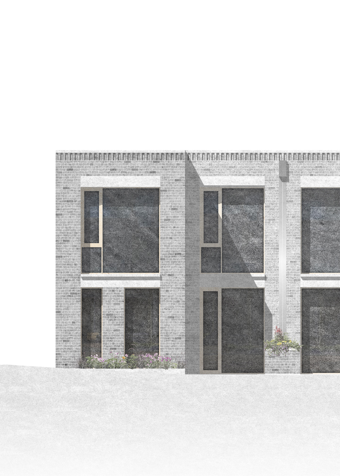 Typical elevation of the proposed mews houses facing the private courtyard, illustrating the architectural composition, window arrangement, roof form, and proposed white and grey brick façade with areas of glazed brick detailing.