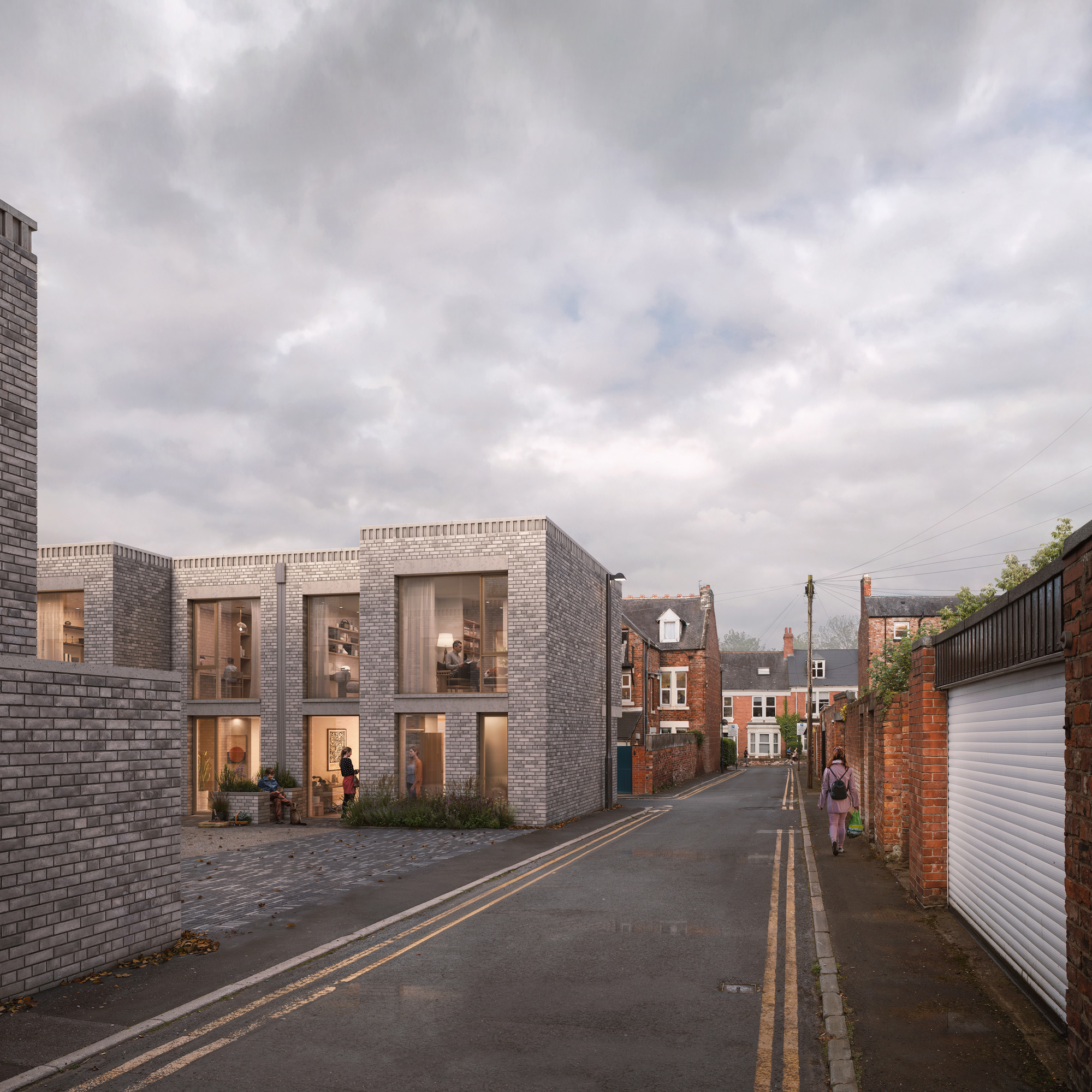 Artist’s impression of the proposed Moseley Passage development viewed from Lily Avenue, showing the mews houses emerging within the existing residential streetscape. The image illustrates the contrast between the surrounding red brick terraces and the proposed pale brick façades, with elevations featuring English Garden Wall bond brickwork, vertical brick detailing, and a contemporary architectural character.