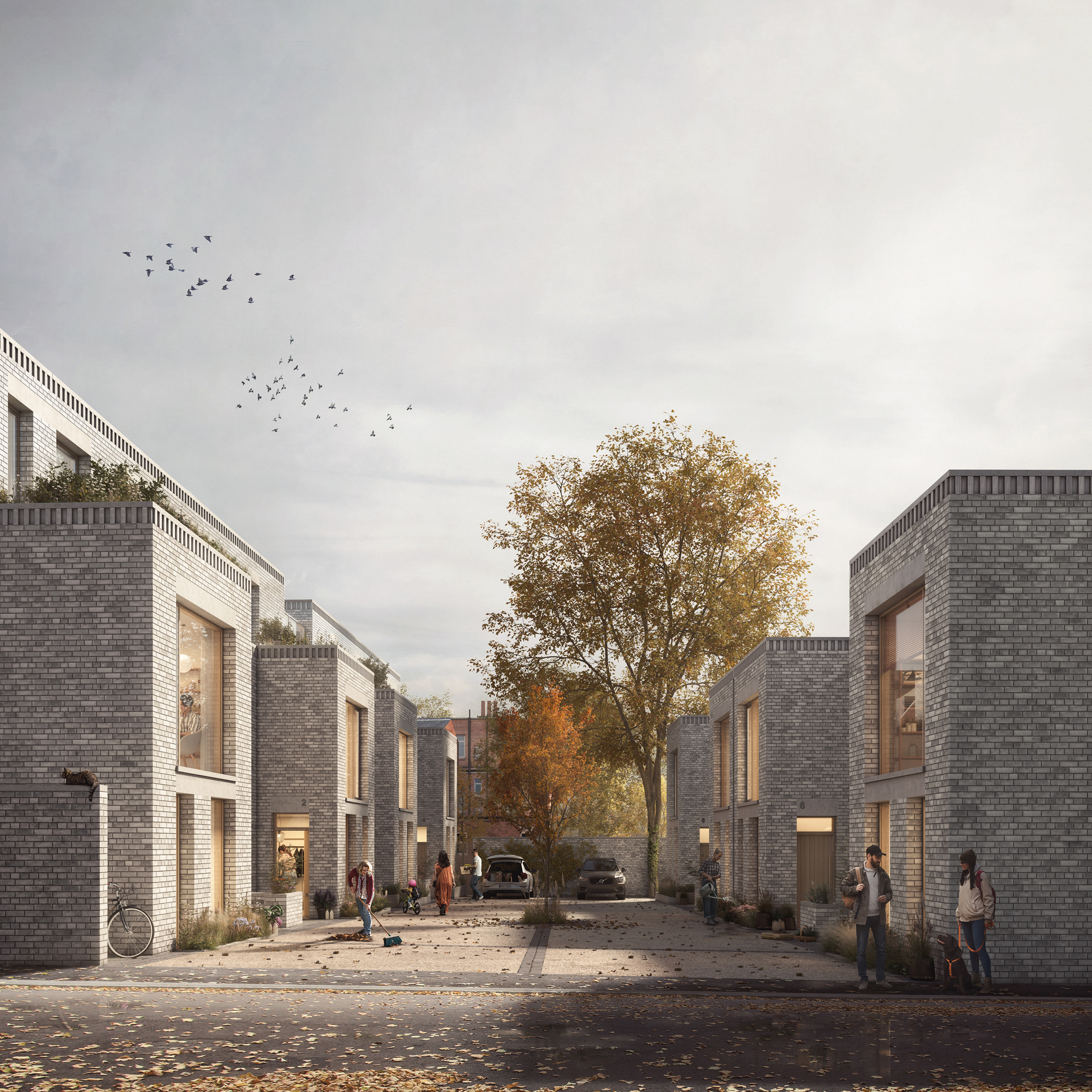 Artist’s impression of the proposed Moseley Passage courtyard, showing the communal outdoor space framed by mews houses and the retained building. The image illustrates private garden areas, brick planters with integrated seating, new tree planting, pedestrian routes, and the entrance providing access to the upper-floor apartments.