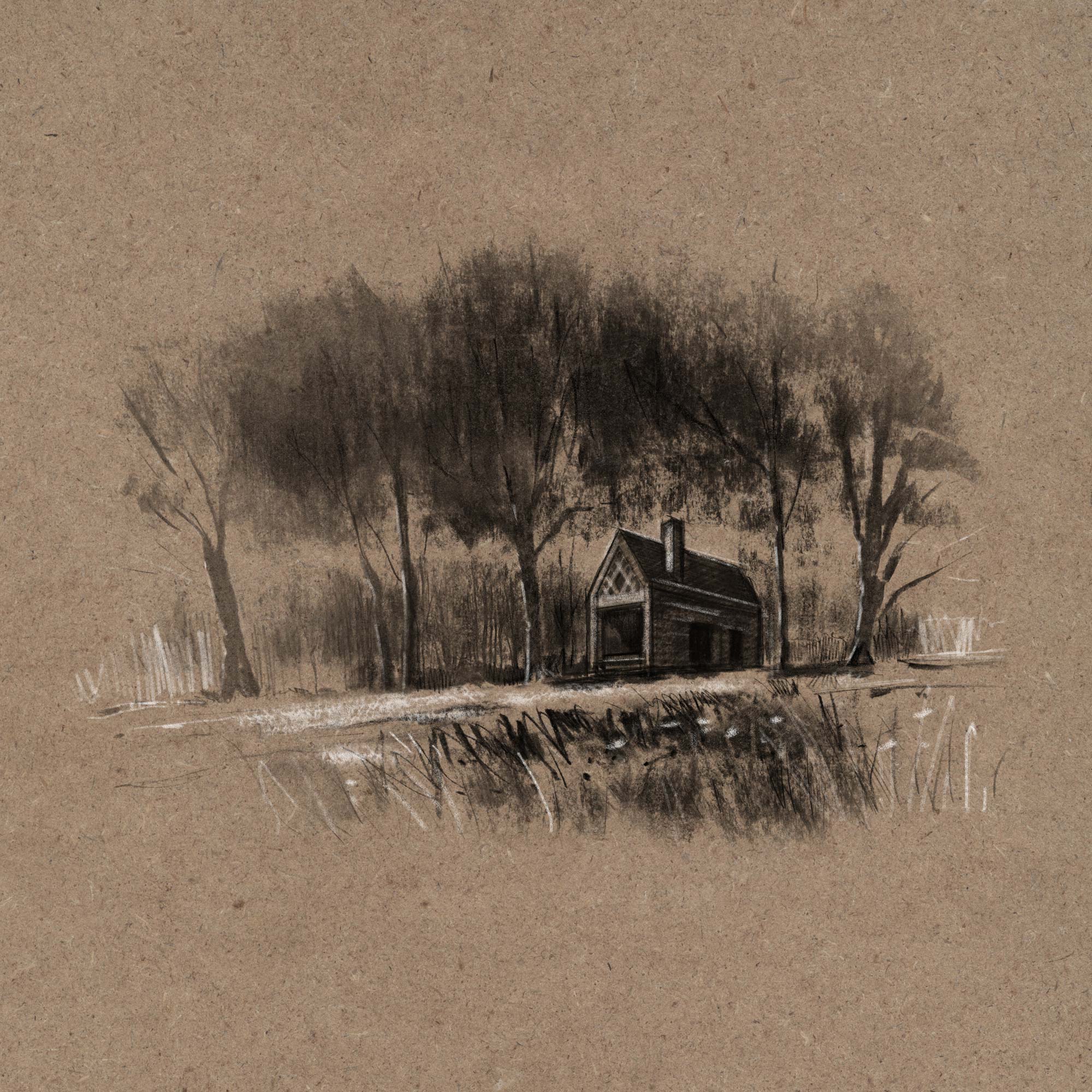 Charcoal, carbon pencil and white chalk concept sketch illustrating the proposed adaptive reuse of a former telephone repeater station into a contemporary retreat overlooking the Glen Aray valley near Inveraray, Argyll.