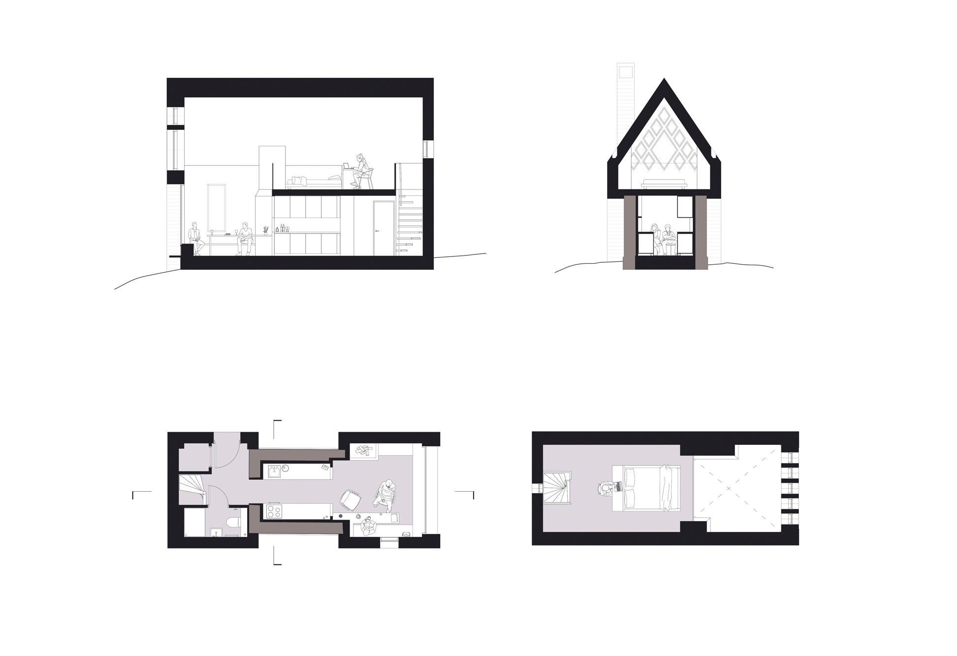 Floor plans and building sections of the Glen Aray TRS proposal showing the retained stone repeater station, compact extensions, double-height living space, gallery bedroom, spiral stair and panoramic window facing Glen Aray.