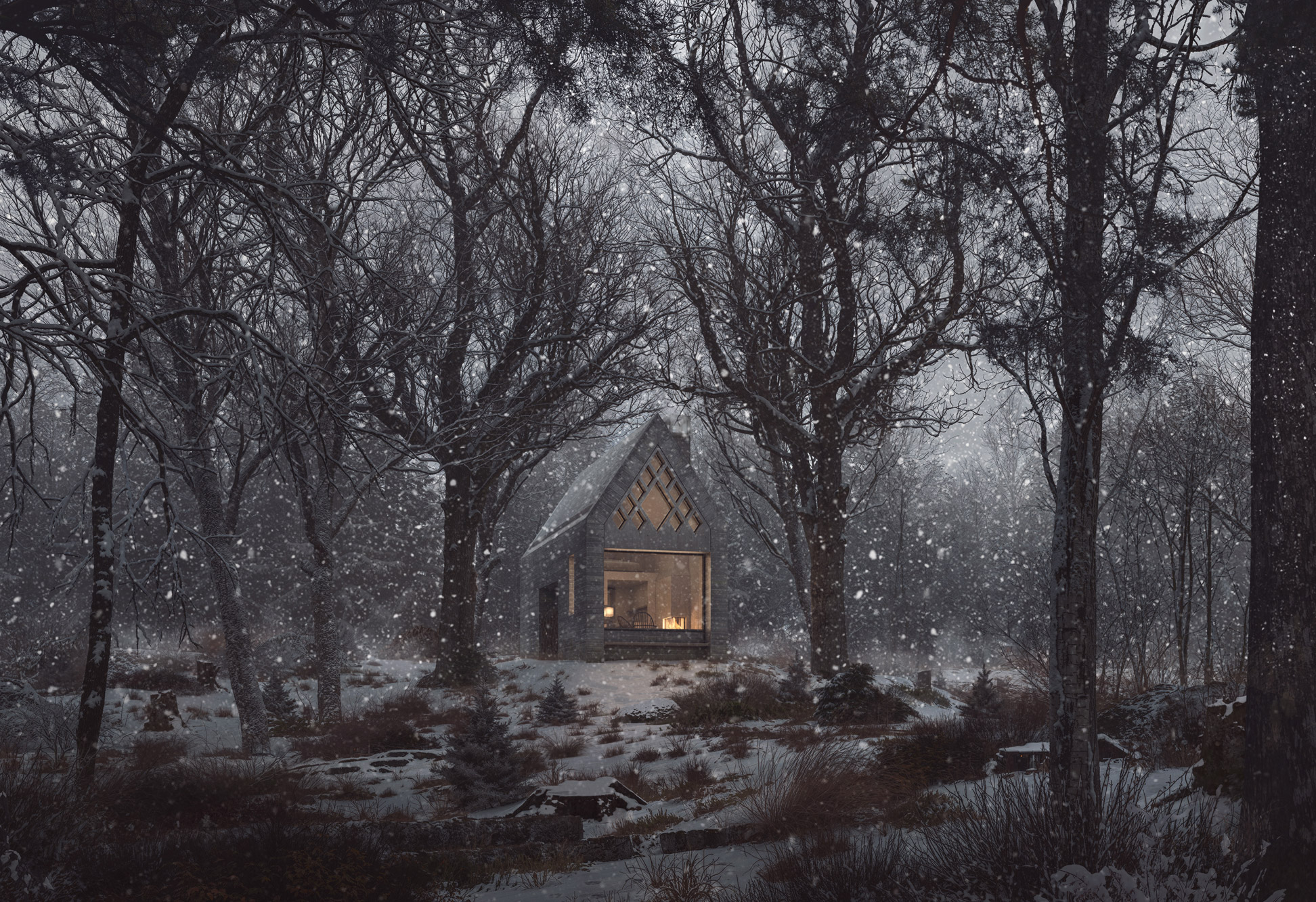 Winter artist's impression of the Glen Aray TRS retreat nestled amongst mature woodland at dusk, showing the illuminated east elevation with a large picture window and diamond-patterned gable openings overlooking Glen Aray.