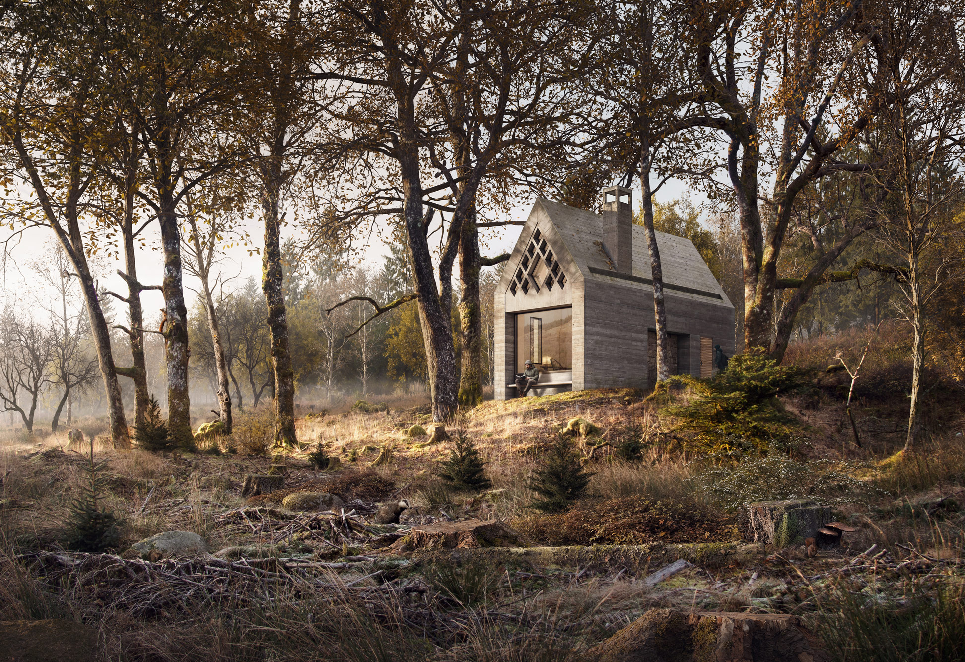 Daytime architectural visualisation of the Glen Aray TRS proposal within mature woodland, illustrating the east elevation, board-marked concrete construction, picture window and diamond-patterned gable overlooking the Glen Aray valley.