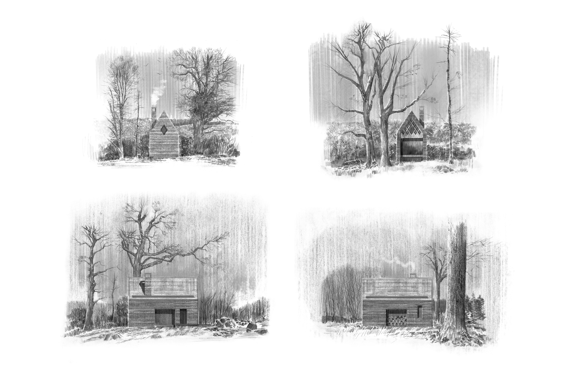 Series of four hand-drawn elevation studies showing the east, west, north and south elevations of the Glen Aray TRS proposal, illustrating how the retreat responds to the surrounding woodland, topography and carefully framed views.